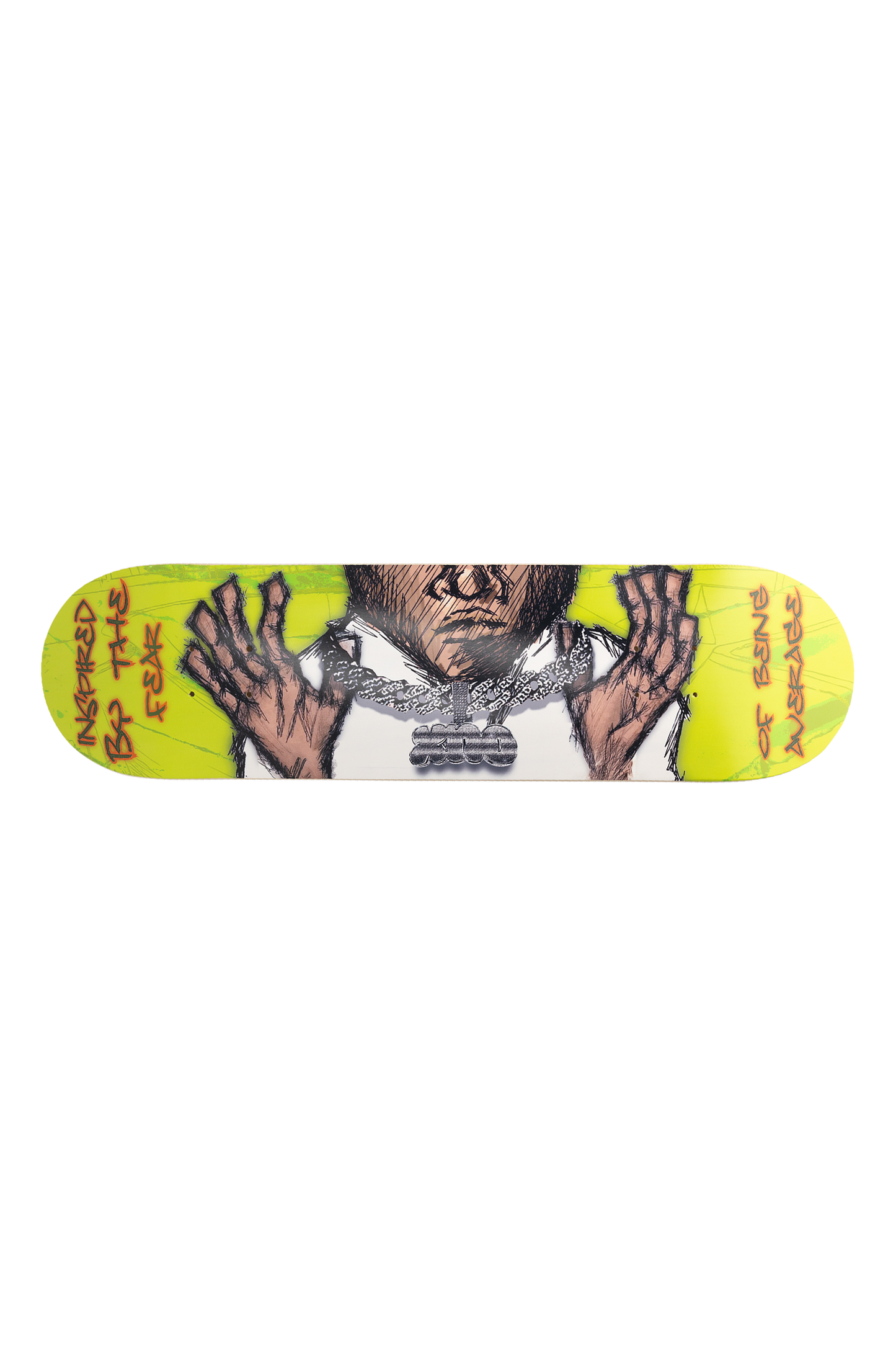 Skateboard deck with graphic design of guy holding up his Cuban pendant chain showing off his XNO diamond pendant