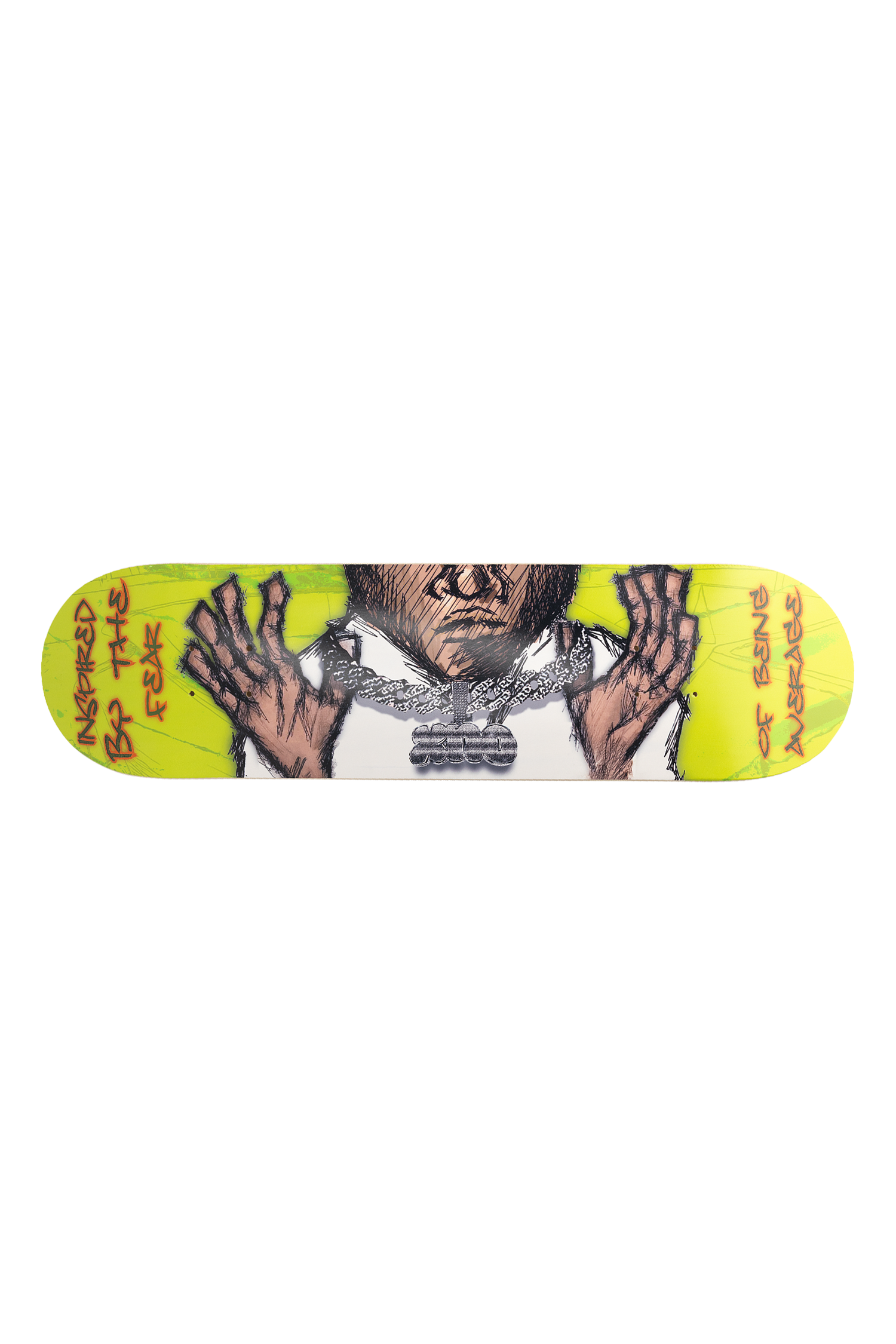 Skateboard deck with graphic design of guy holding up his Cuban pendant chain showing off his XNO diamond pendant