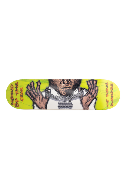 Skateboard deck with graphic design of guy holding up his Cuban pendant chain showing off his XNO diamond pendant