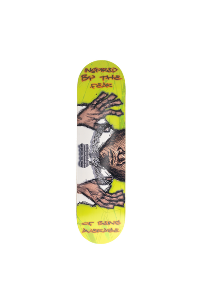 Skateboard deck graphic design with inspiring text "inspired by the fear of being average" 