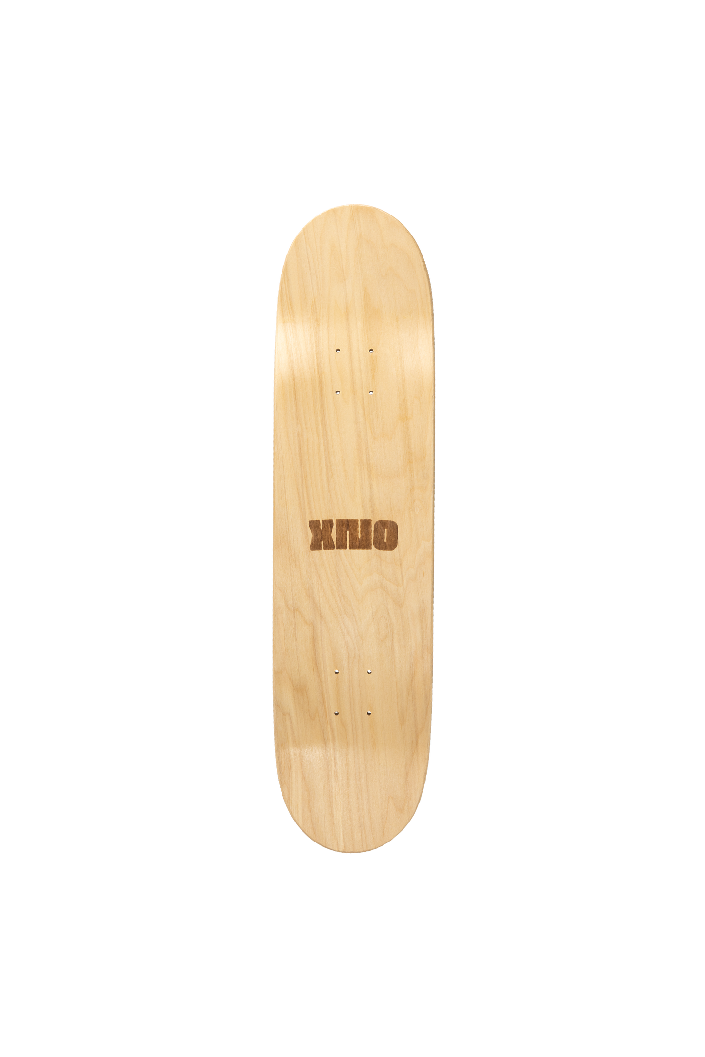 Wooden skateboard deck with "XNO" engraved on it