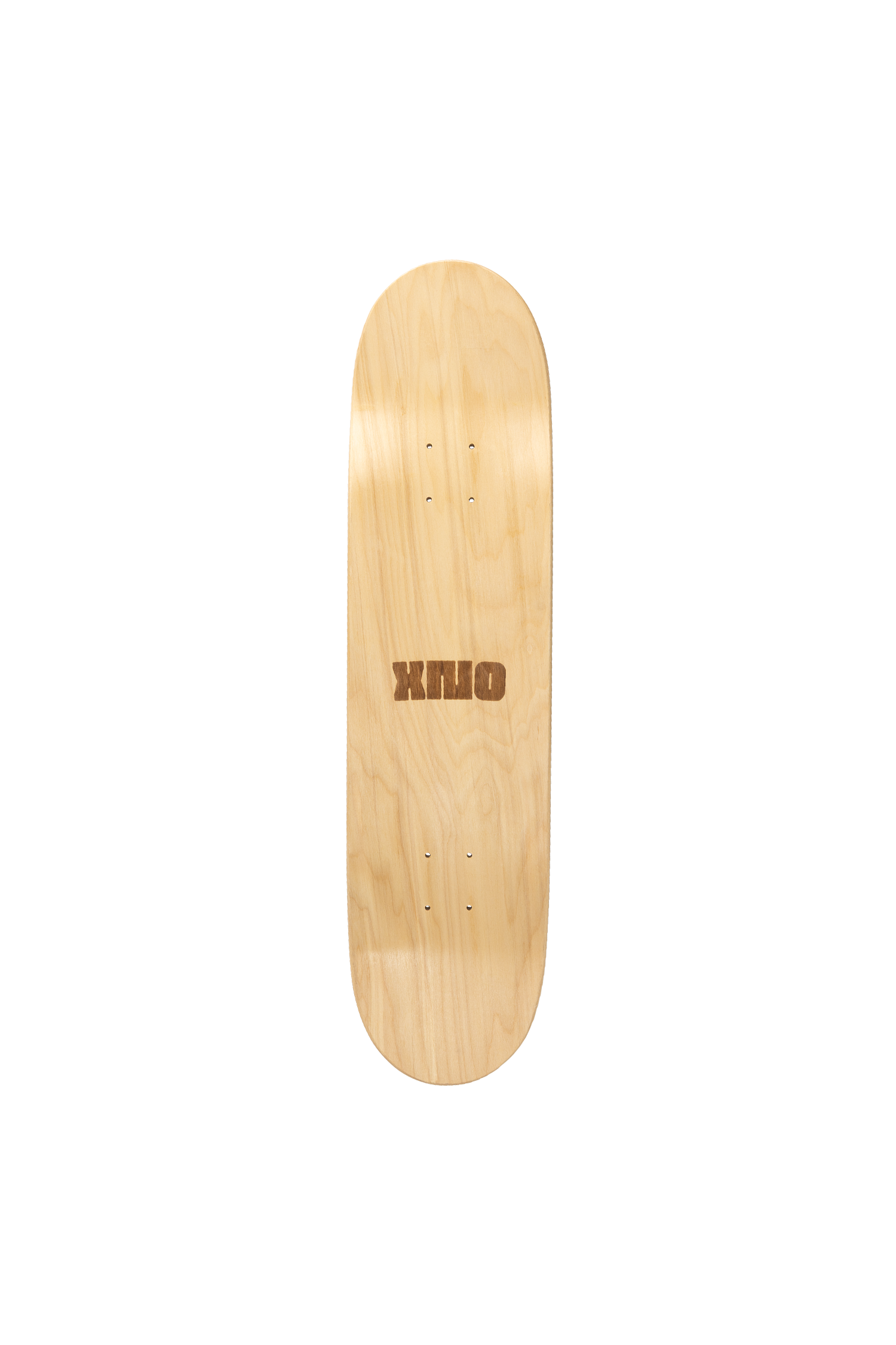 Wooden skateboard deck with "XNO" engraved on it