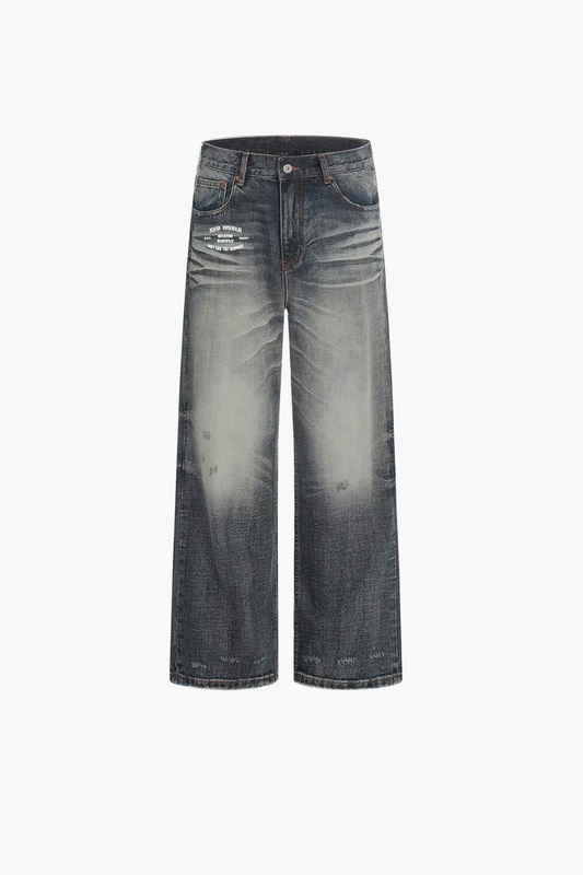 "Vintage Wash" Straight Denim Jeans(Wallet Chain Included)